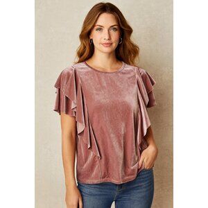 Allison Joy Pink Velvet Ruffle Blouse Size XS Short Sleeve Crew Neck Boho